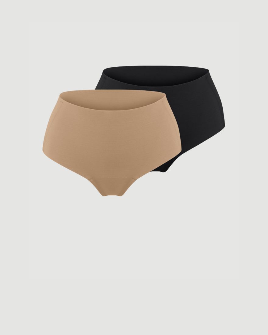 ooia everyday Highwaist Seamless in Beige & Schwarz – nahtlose Unterwäsche mit hohem Bund, die Slipeinlagen ersetzt