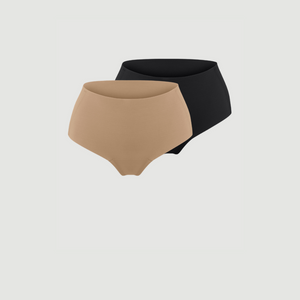 ooia everyday Highwaist Seamless in Beige & Schwarz – nahtlose Unterwäsche mit hohem Bund, die Slipeinlagen ersetzt
