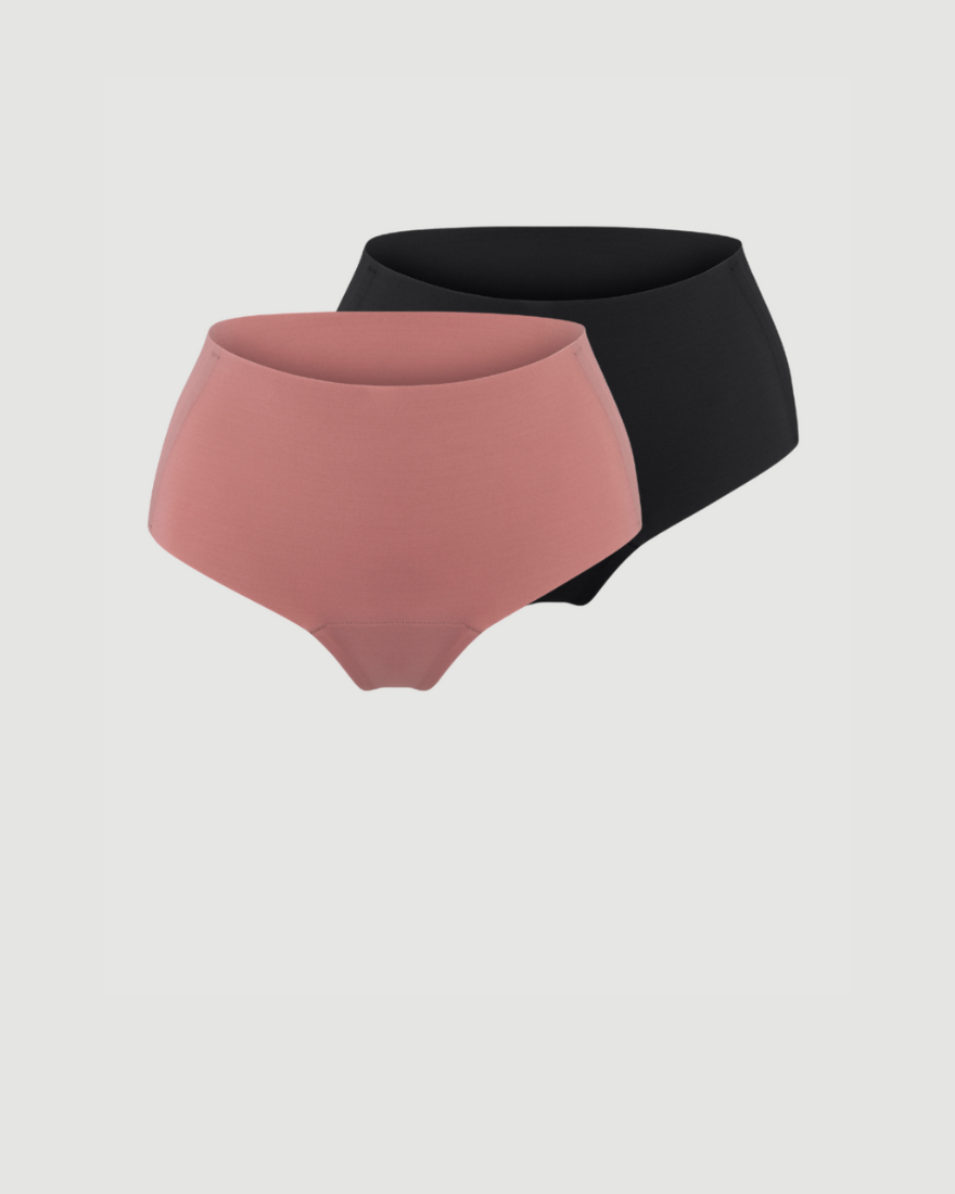 ooia everyday Highwaist Seamless in Dusky Pink & Schwarz – nahtlose Unterwäsche mit hohem Bund, die Slipeinlagen ersetzt.