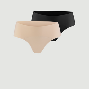 ooia everyday Hipster Seamless in Schwarz und Beige – nahtlose Unterwäsche, die Slipeinlagen ersetzt.