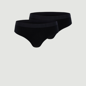 Zwei Stück ooia everyday Hipster in Schwarz – Unterwäsche mit breitem Bund, die Slipeinlagen ersetzt.