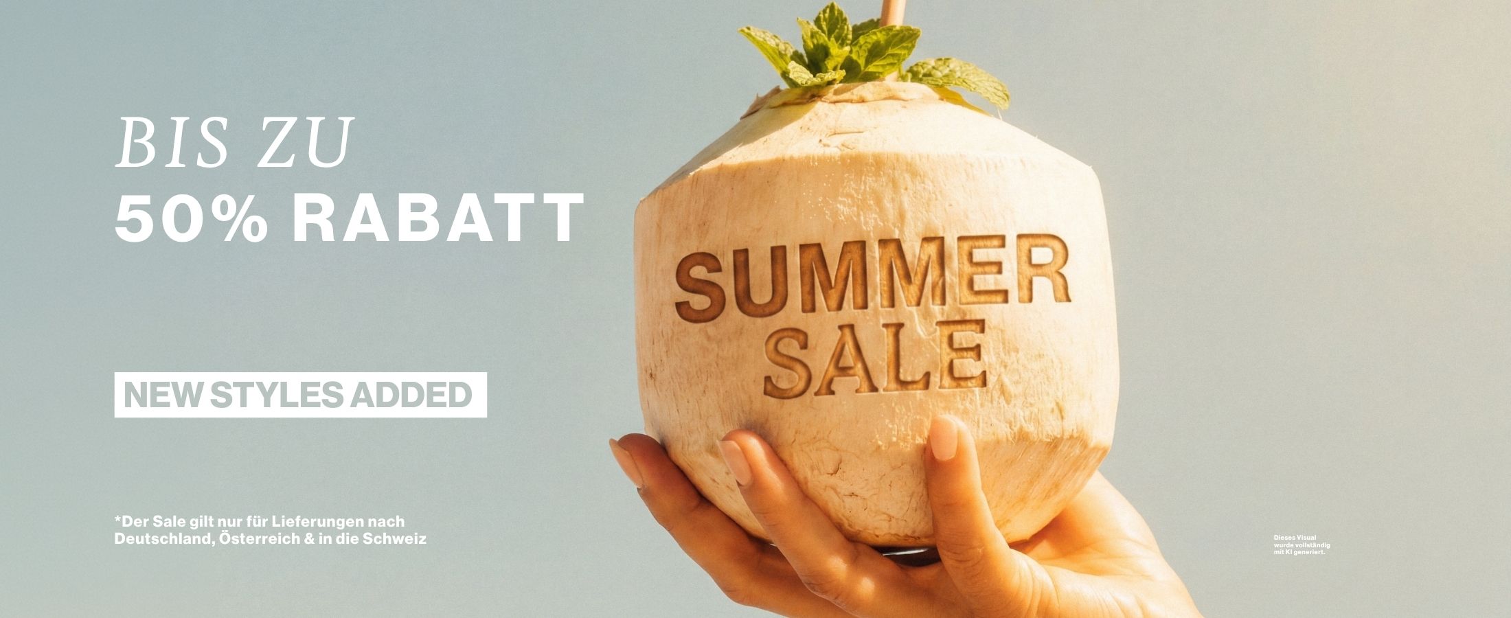 Kokosnuss mit Schrift: Summer Sale: Bis zu 50 % Rabatt. Neue Styles hinzugefügt. Der Sale gilt nur für Lieferungen nach DACH.