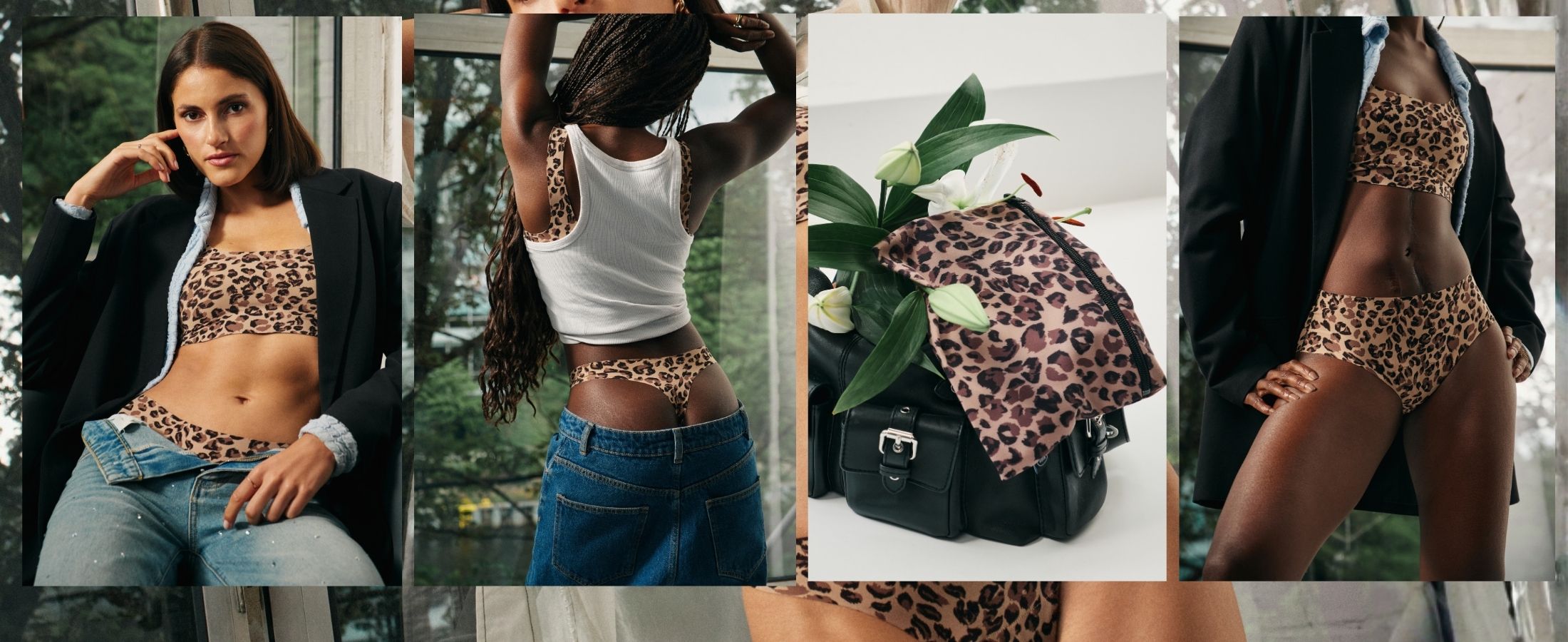 Models tragen ooia Periodenunterwäsche. Collage aus 3 Bildern. Models tragen Hipster Seamless Extra Strong Leo, String Seamless Leo und all-you-need Bra top Leo. Und Wetbag Leo. Frontal- und Rückansicht.