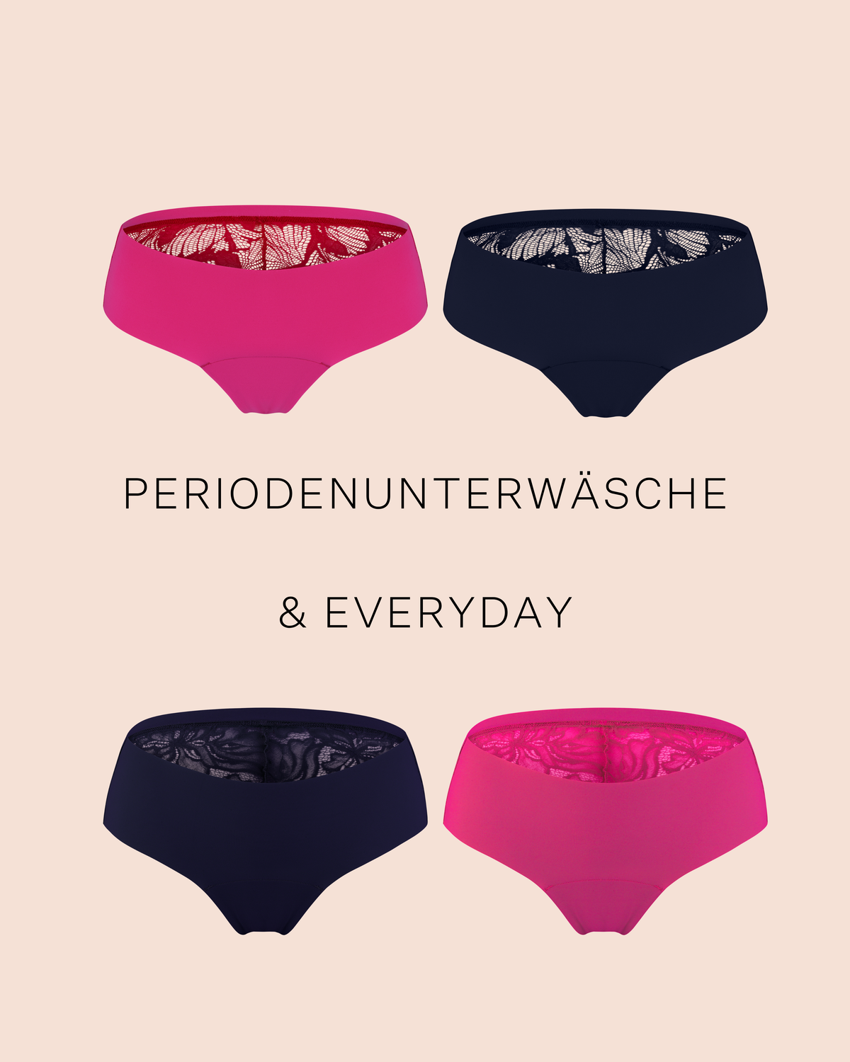 ooia Periodenunterwäsche und Everyday - Hipster Seamless Lace- red/hot pink, Hipster Seamless Lace midnight, Everyday Hipster Seamless midnight und Everyday Hipster Seamless hot pink.