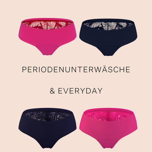 ooia Periodenunterwäsche und Everyday - Hipster Seamless Lace- red/hot pink, Hipster Seamless Lace midnight, Everyday Hipster Seamless midnight und Everyday Hipster Seamless hot pink.