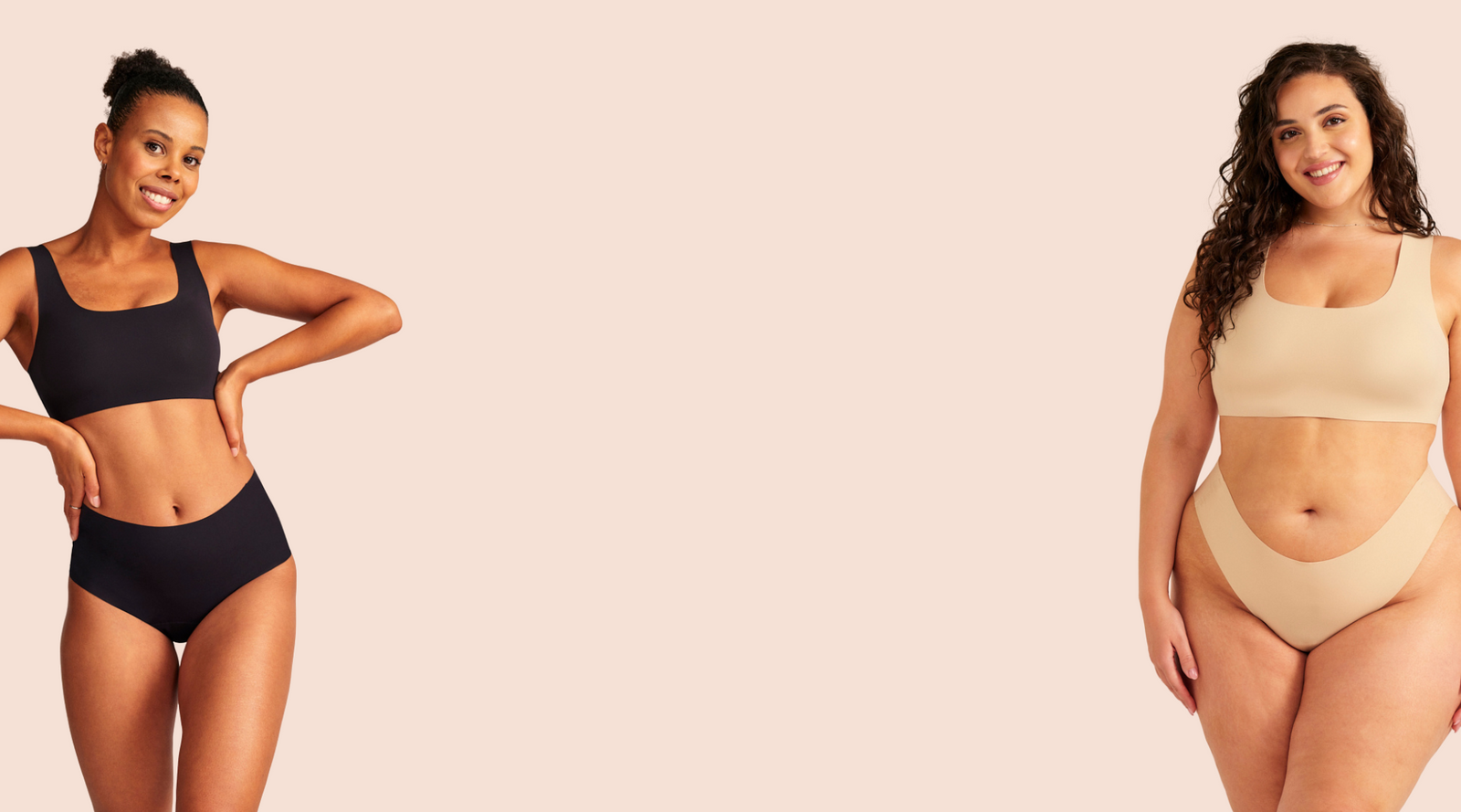 Zwei Models tragen ooia all-you-need bra top jeweils in schwarz und beige.