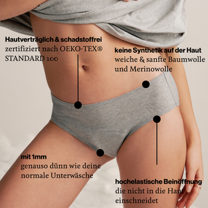 Modell trägt ooia Periodenunterwäsche Hipster Comfy Cotton in grau aus Baumwolle.
Infotext