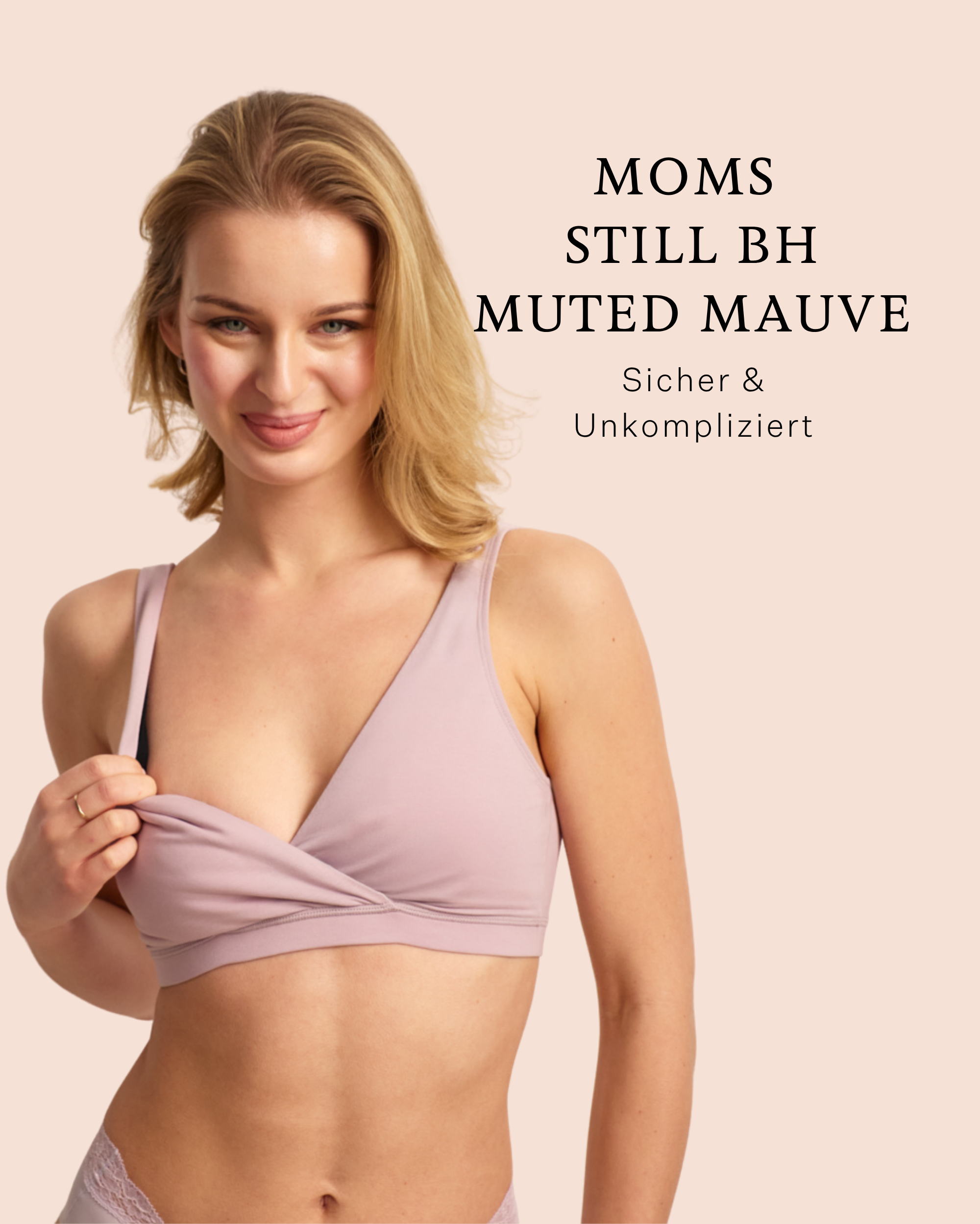 Model präsentiert ooia Still BH in muted mauve