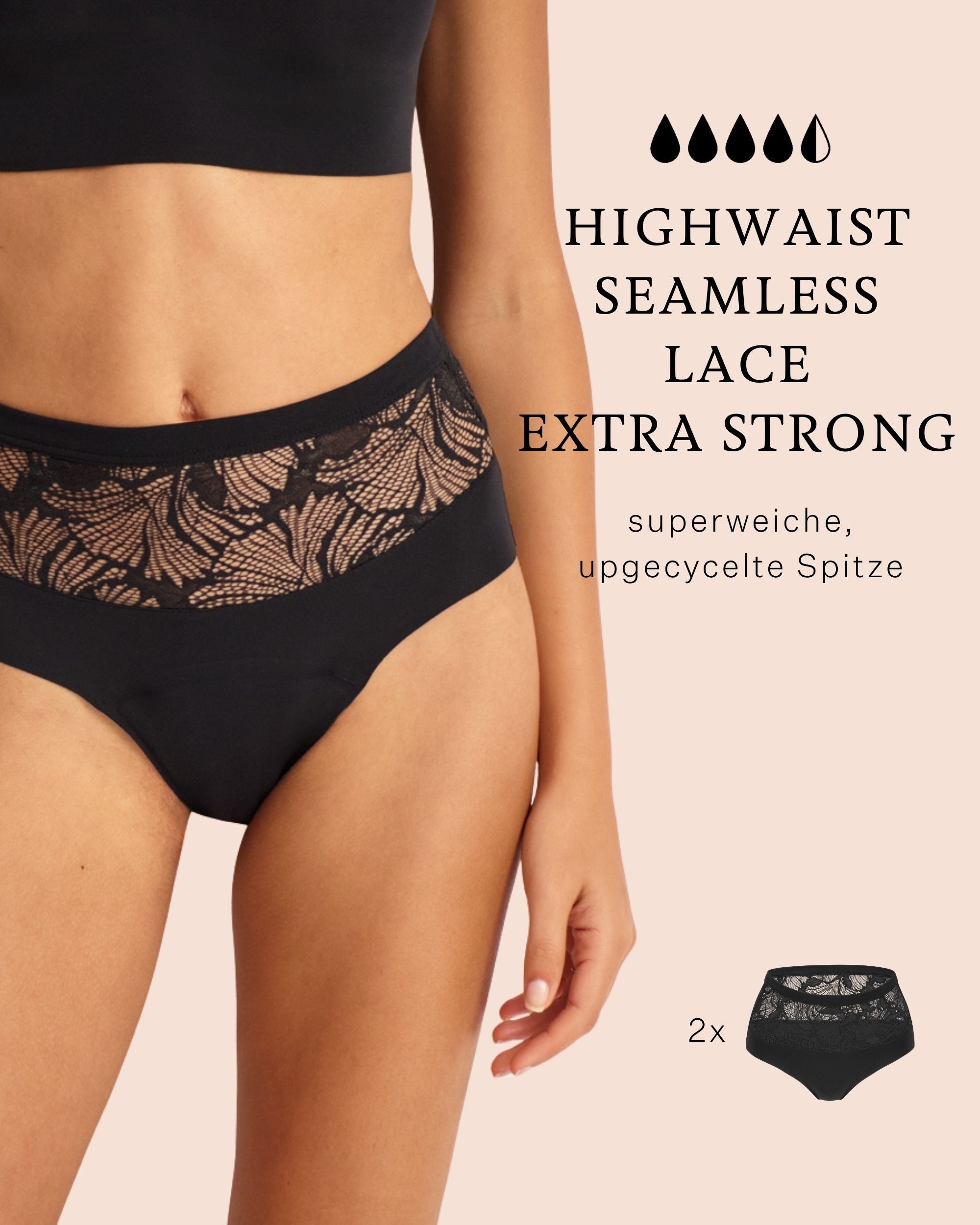 Model trägt ooia Periodenunterwäsche: Highwaist Seamless Lace Extra Strong in schwarz.
frontal