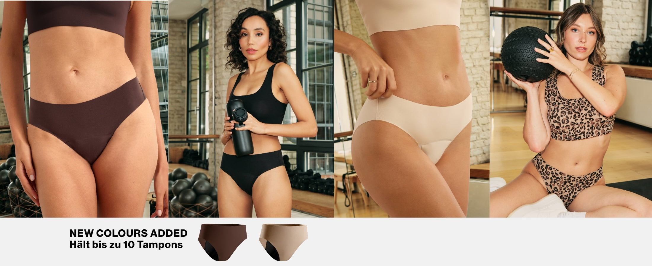 Models präsentieren ooia Periodenunterwäsche Slip Seamless Ultimate in Leo und schwarz. Jetzt neu in Cocoa und Beige.