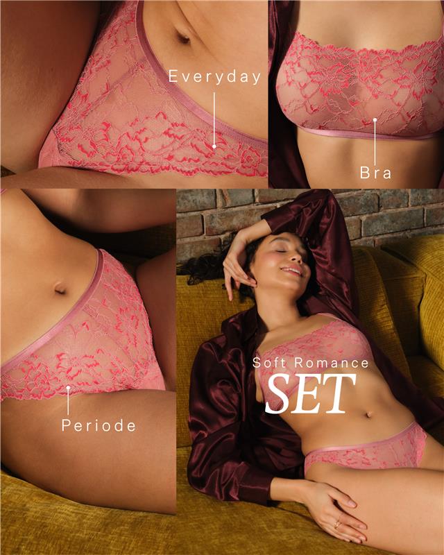 Weiche Spitze, maximaler Komfort im Set bestehend aus dem Soft Romance Everyday Slip, Periodenslip und Bralette
