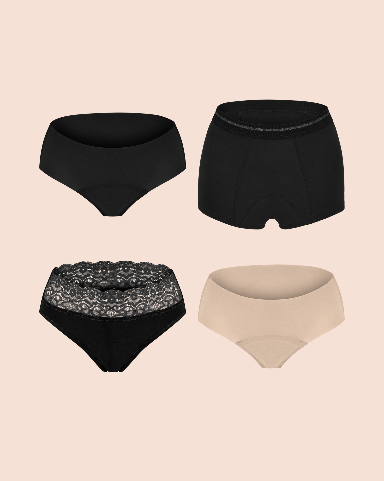 Periodenunterwäsche von ooia in Schwarz & Beige, auslaufsicheres Strong Bleeding Set für starke Tage. Beinhaltet den Slip Extra Strong schwarz, den Shorty Extra Strong schwarz, Hipster Seamless Extra Strong schwarz und den Hipster Seamless Extra Strong beige.
