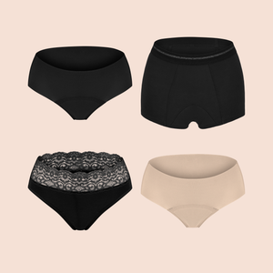 Periodenunterwäsche von ooia in Schwarz & Beige, auslaufsicheres Strong Bleeding Set für starke Tage. Beinhaltet den Slip Extra Strong schwarz, den Shorty Extra Strong schwarz, Hipster Seamless Extra Strong schwarz und den Hipster Seamless Extra Strong beige.