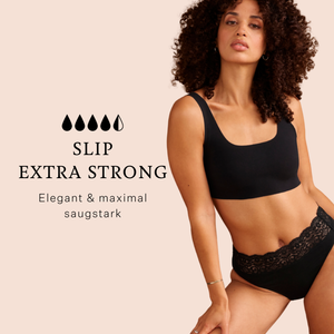 Periodenunterwäsche von ooia in schwarz, auslaufsicherer Slip Extra Strong in schwarz als Teil des Strong Bleeding Set für starke Tage.