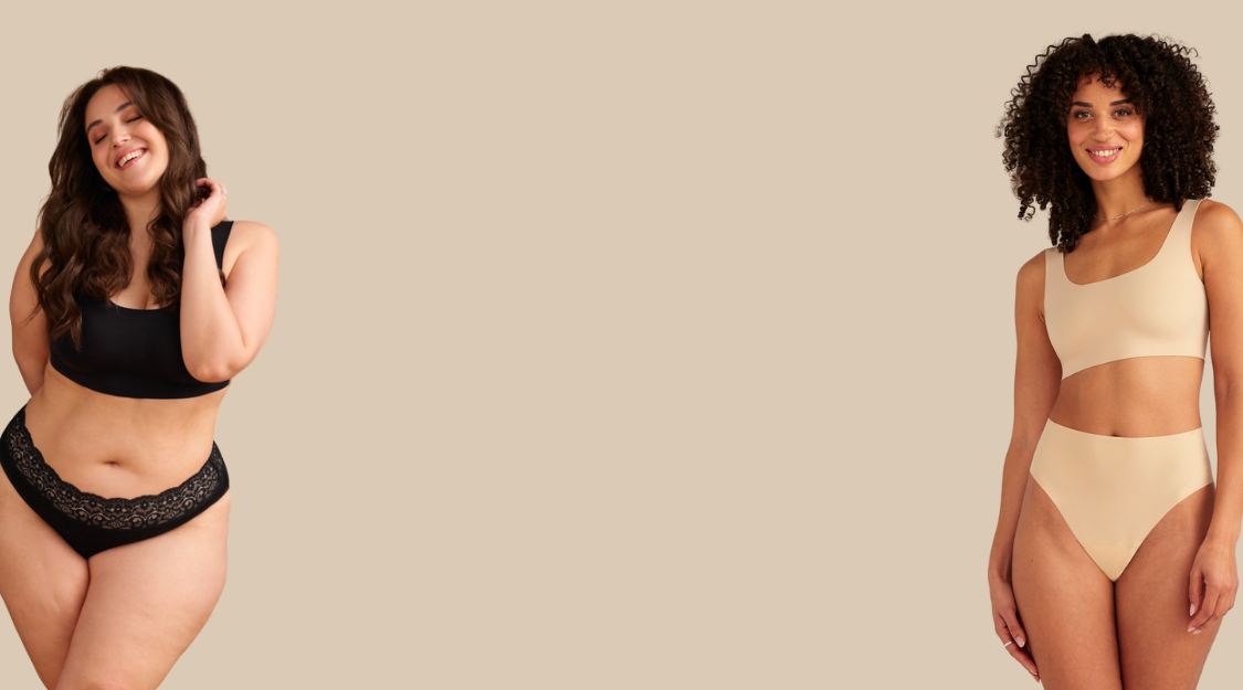 Vier unterschiedliche Models in verschiedenen ooia Periodenunterwäsche Styles - Hipster Seamless sage, Highwaist Seamless schwarz, Slip schwarz und Hipster Seamless beige.