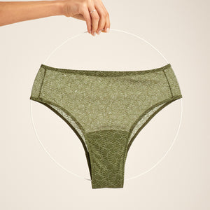 Detailansicht des Materials der ooia Periodenunterwäsche Highwaist Cheeky Mesh khaki, Freisteller