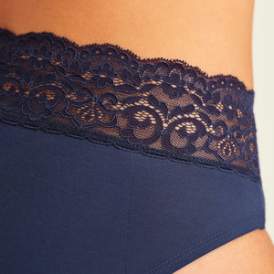 Modell trägt ooia Periodenslip Extra Strong in Midnight mit breiter Spitze am Bund. Detailansicht der Spitze