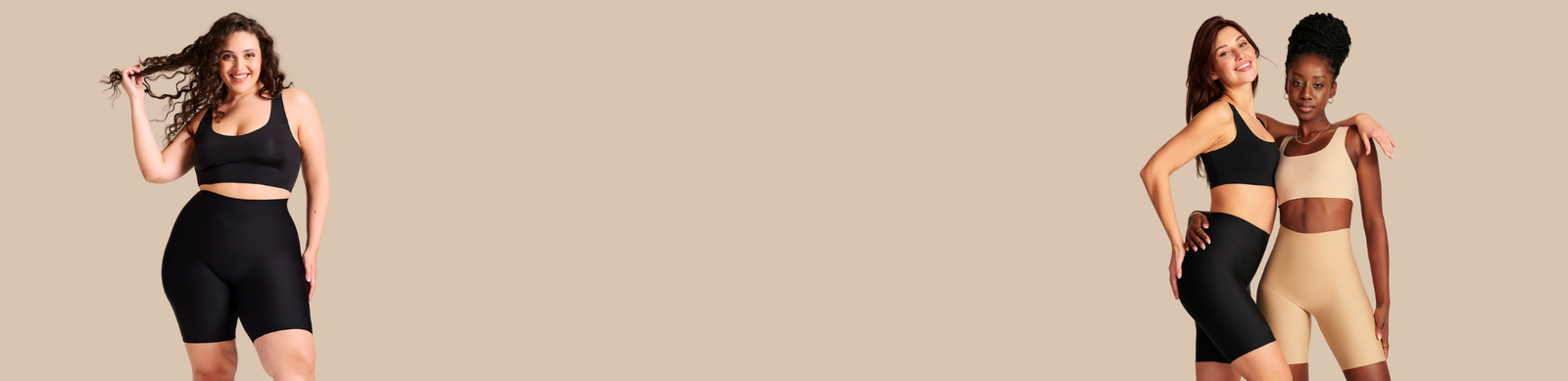 Drei unterschiedliche Models tragen ooia Shapeshorts jeweils in schwarz und beige.