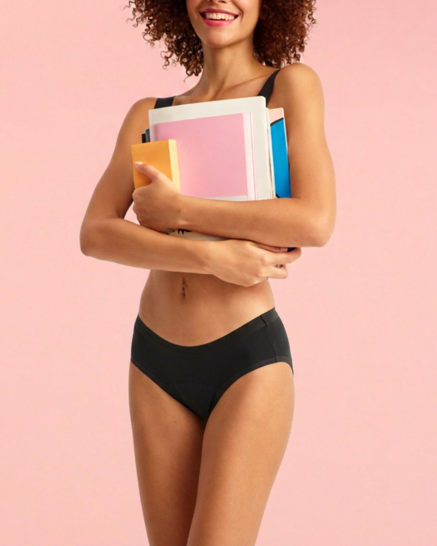 Ein Teenager trägt den Hipster Teens von ooia: ein Periodenslip geeingt für die erste Periode.