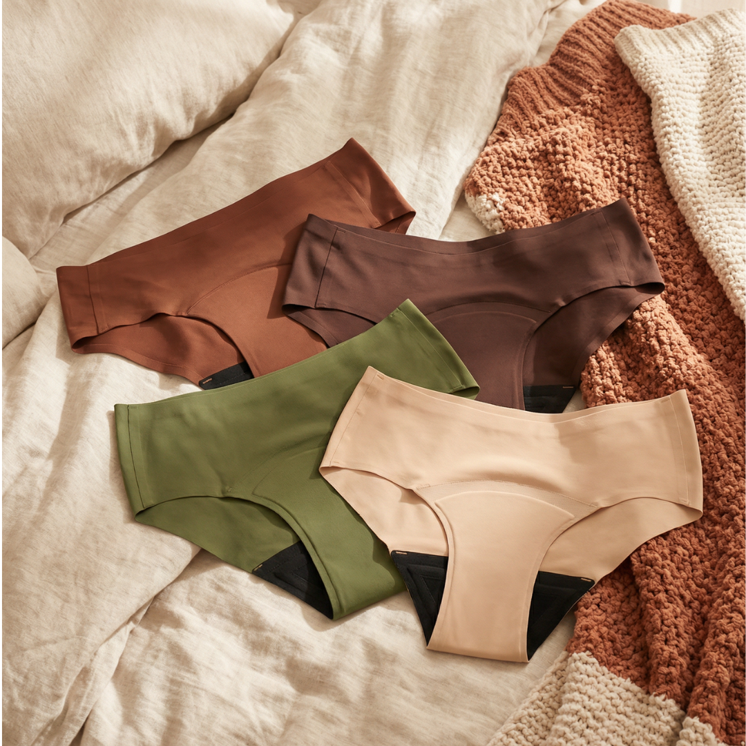 Ein Bild von vier unterschiedlichen nahtlosen ooia Periodenslips in den Farben beige, khaki, cocoa und braun.
