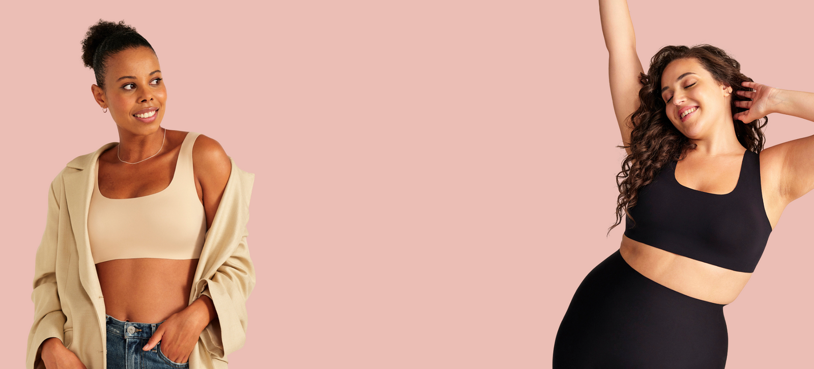 Zwei Models tragen ooia all-you-need Bra Tops in schwarz und beige