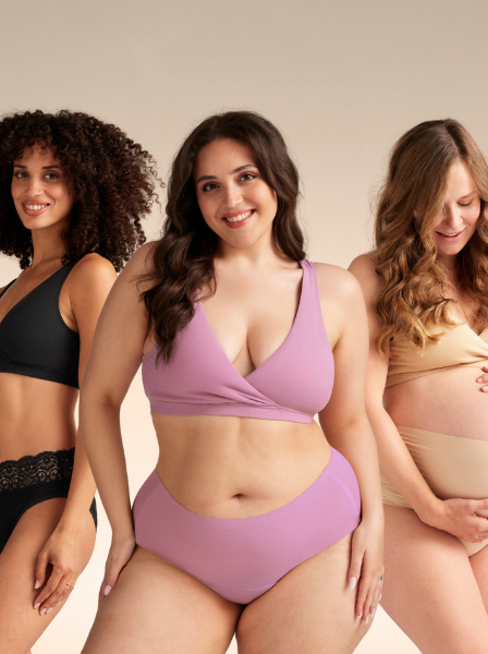 Drei Models in verschieden Periodenunterwäsche Styles und dem Moms Still BH  in den Farben schwarz, beige und mauve