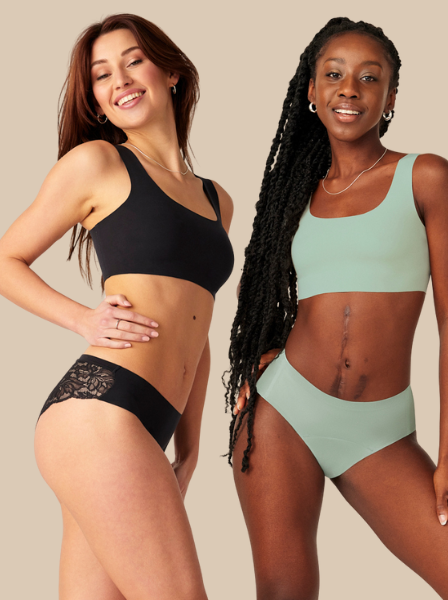 drei Frauen in schwarzer und sage Periodenunterwäsche in seamless und Spitzen Styles