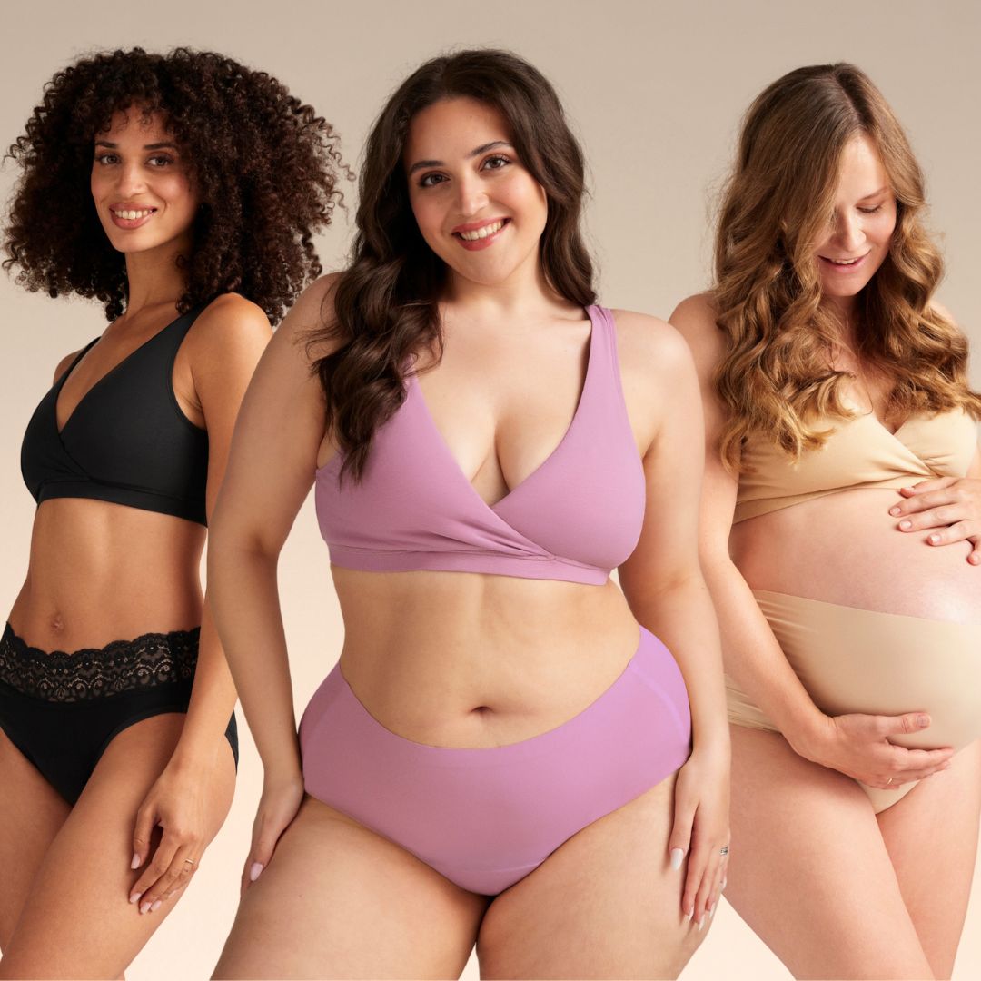 Drei Models in verschieden Periodenunterwäsche Styles und dem Moms Still BH  in den Farben schwarz, beige und mauve