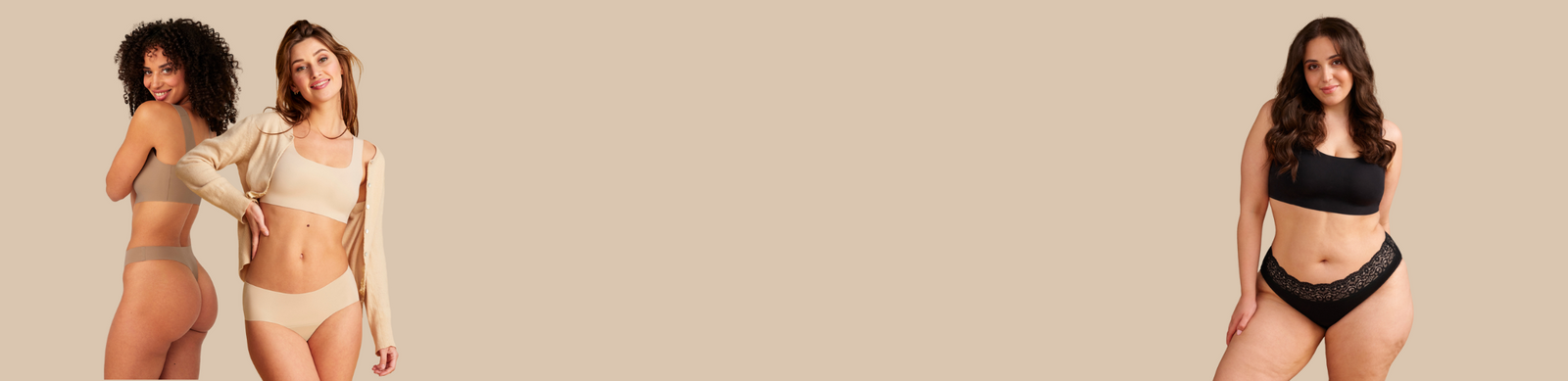 Drei unterschiedliche Models in verschiedenen ooia Periodenunterwäsche Styles - Slip schwarz, Hipster Seamless Extra Strong beige und String Seamless taupe.