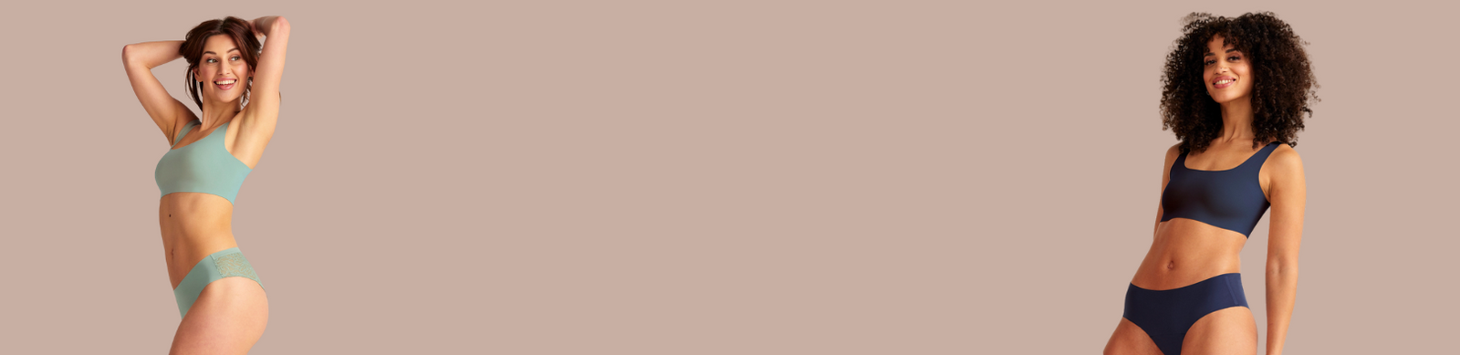 Zwei unterschiedliche Models in verschiedenen ooia everyday Styles -  Unterwäsche, die Slipeinlagen ersetzt. Modelle tragen everyday Hipster Seamless midnight & everyday Hipster Seamless Lace sage.