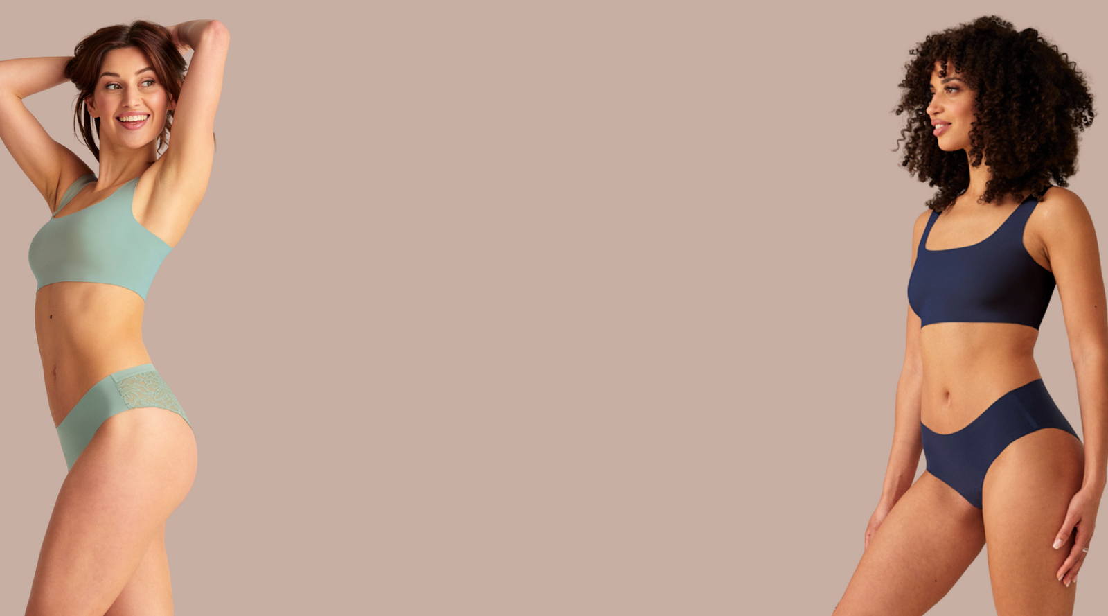 Zwei unterschiedliche Models in verschiedenen ooia everyday Styles -  Unterwäsche, die Slipeinlagen ersetzt. Modelle tragen everyday Hipster Seamless midnight & everyday Hipster Seamless Lace sage.