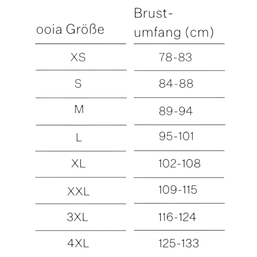 Größentabelle des ooia feel dry Tops gemessen anhand von Brustumfang