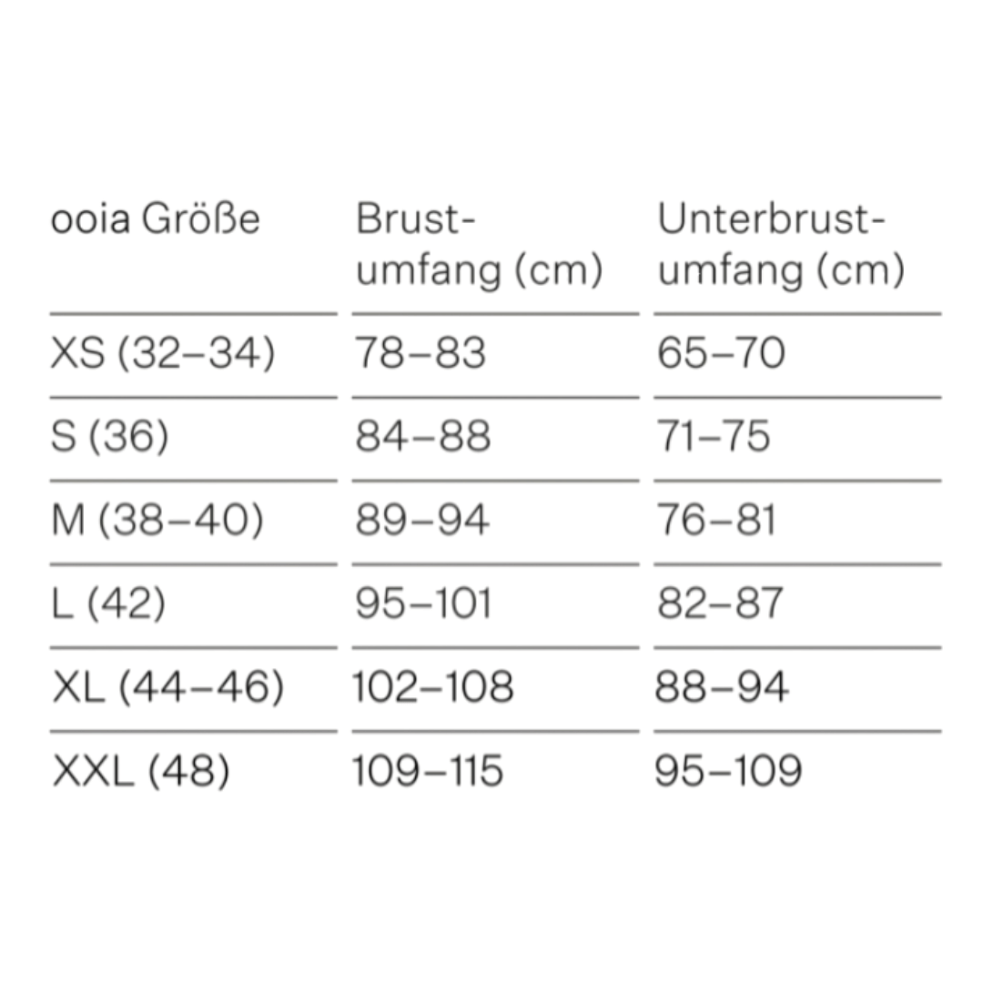 Größentabelle vom ooia Still-BH gemessen anhand von Brustumfang und Unterbrustumfang