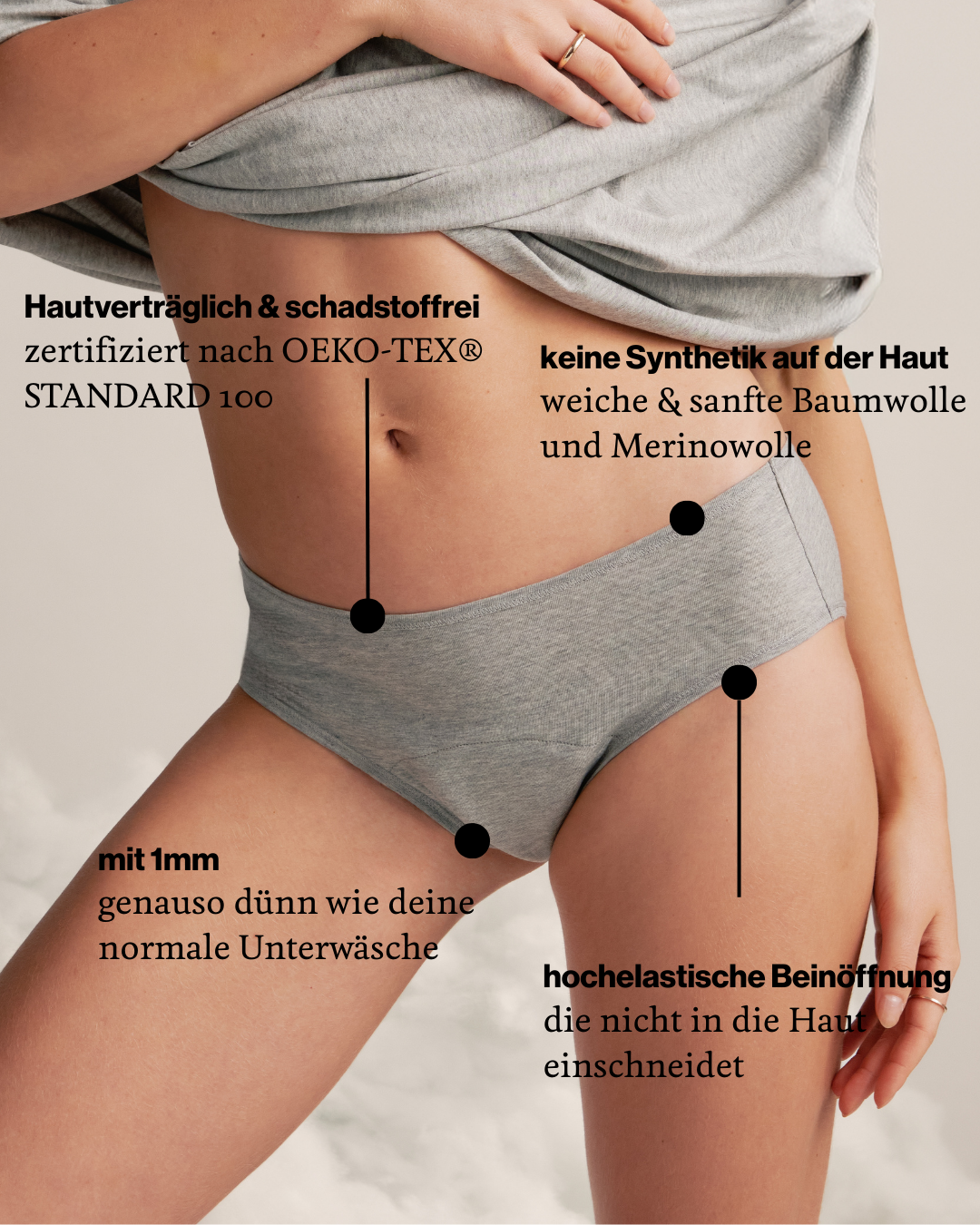 Modell trägt ooia Periodenunterwäsche Hipster Comfy Cotton in grau aus Baumwolle. 
Infotext