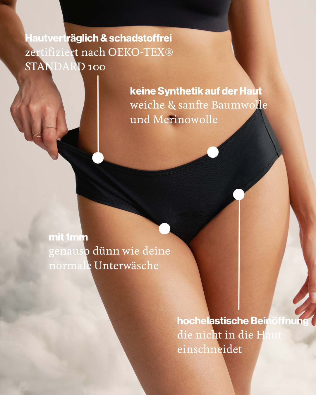 Modell trägt ooia Periodenunterwäsche Hipster Comfy Cotton in schwarz aus Baumwolle. 
Infotext