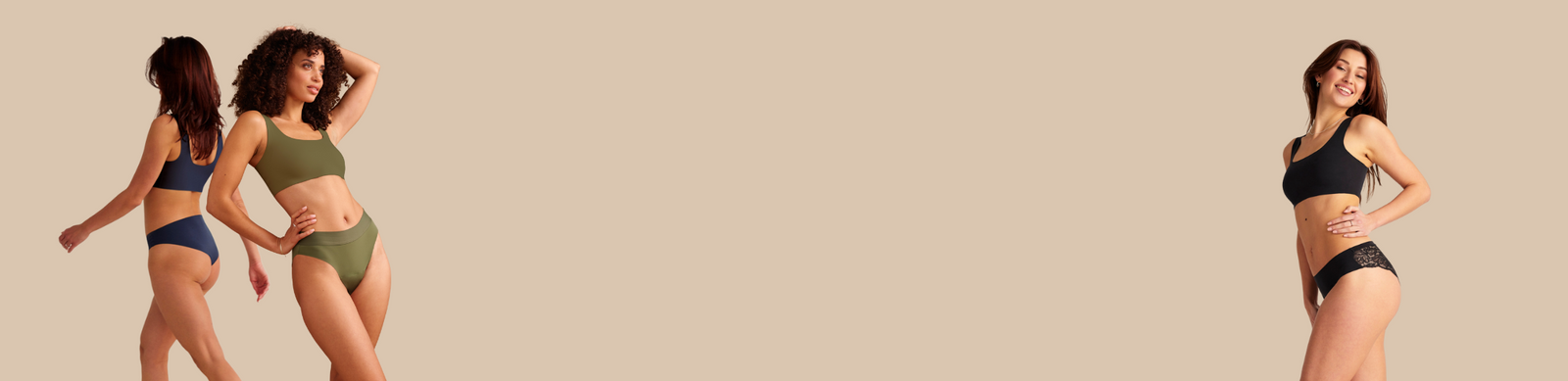 Drei unterschiedliche Models in verschiedenen ooia Periodenunterwäsche Styles - Hipster Seamless Extra Strong midnight, Slip Seamless Cheeky khaki & Hipster Seamless Lace schwarz.