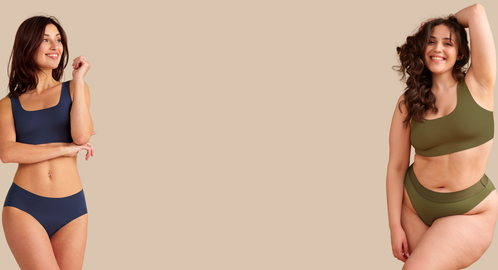 Drei unterschiedliche Models in verschiedenen ooia Periodenunterwäsche Styles - Hipster Seamless Extra Strong midnight, Slip Seamless Cheeky khaki & Hipster Seamless Lace schwarz.