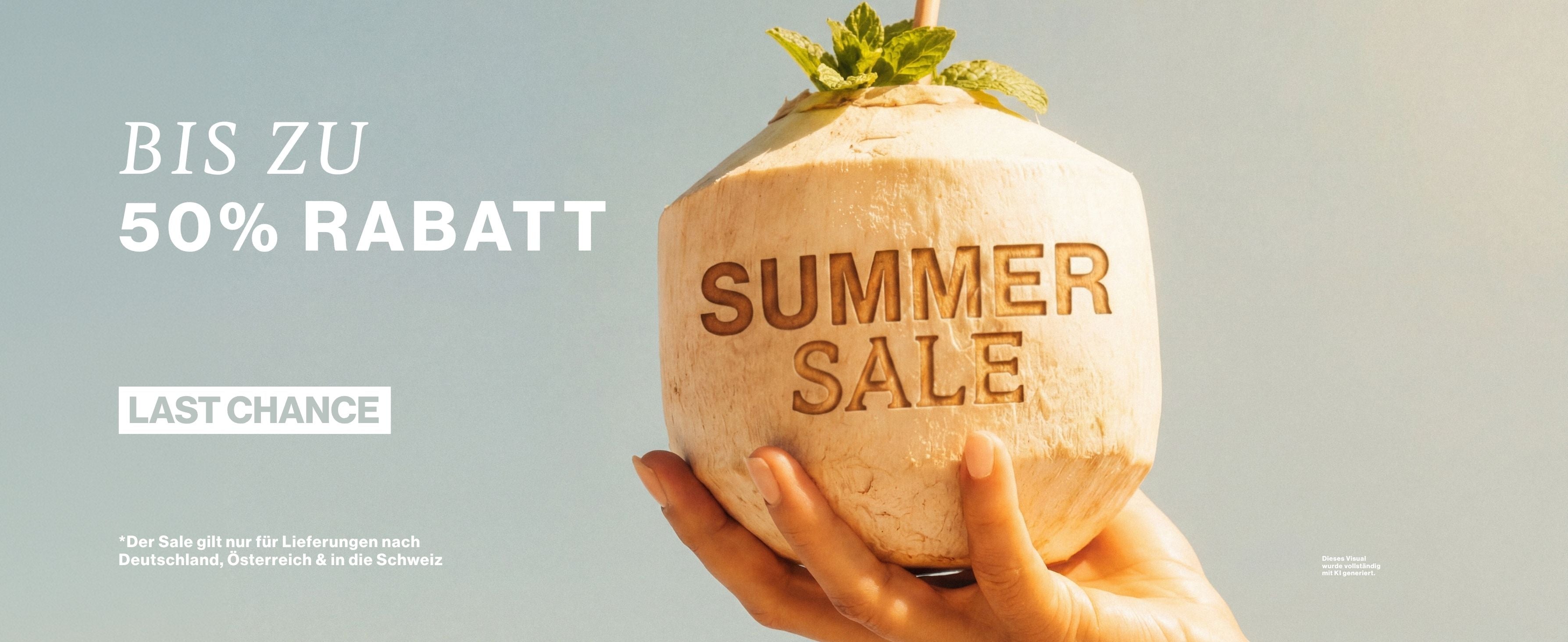 Kokosnuss mit Schrift:  Summer Sale: Bis zu 50 % Rabatt. Last Chance! Der Sale gilt nur für Lieferungen nach DACH.
