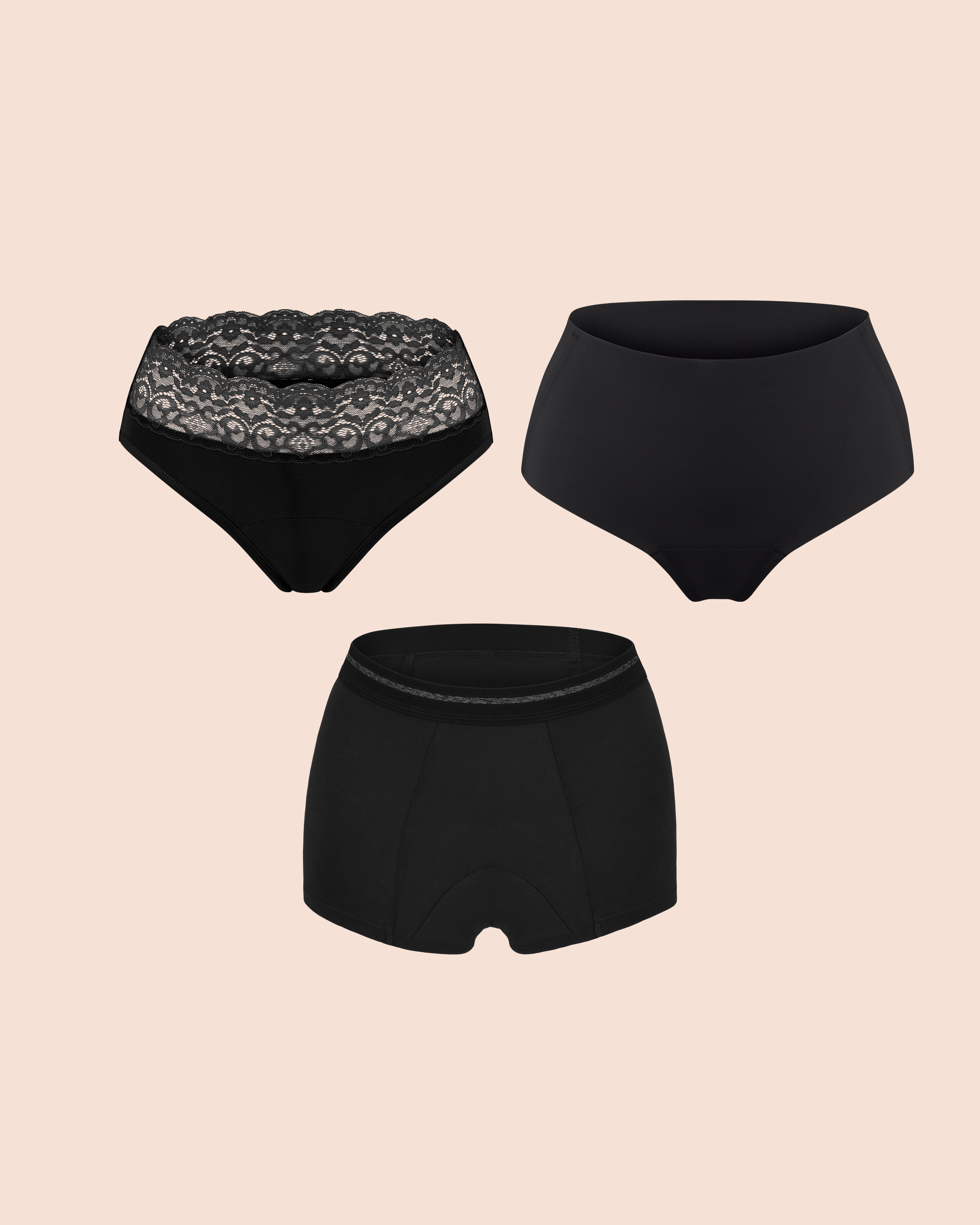 Periodenunterwäsche von ooia in Schwarz, auslaufsicheres Night Protection Set für starke Tage. Beinhaltet den Slip Extra Strong, den Shorty Extra Strong und den Highwaist Seamless. 