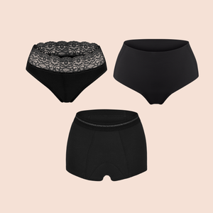 Periodenunterwäsche von ooia in Schwarz, auslaufsicheres Night Protection Set für starke Tage. Beinhaltet den Slip Extra Strong, den Shorty Extra Strong und den Highwaist Seamless. 