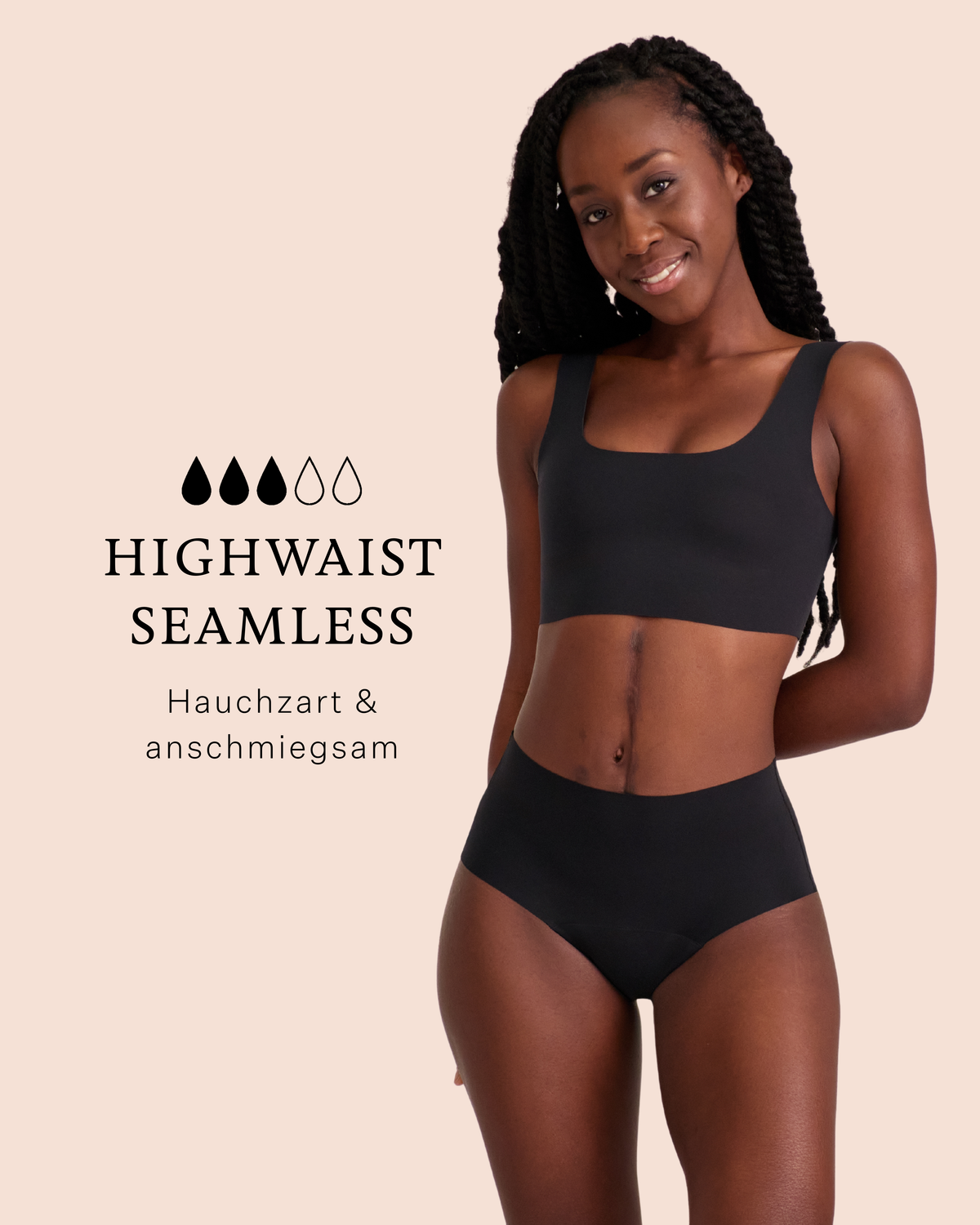 Periodenunterwäsche von ooia in Schwarz, auslaufsicherer Highwaist Seamless als Teil des Night Protection Set. Hauchzart und anschmiegsam für ruhige Nächte.