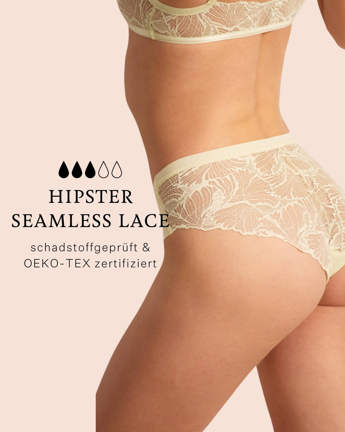 ooias Menstruationsunterwäsche Hipster Seamless Lace in Soft Yellow ist schadstoffgeprüft und jetzt auch im Set erhältlich.