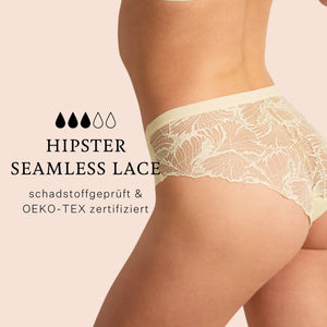 ooias Menstruationsunterwäsche Hipster Seamless Lace in Soft Yellow ist schadstoffgeprüft und jetzt auch im Set erhältlich.