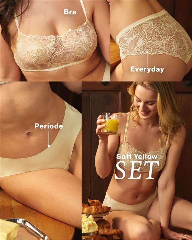 Mehrere Models tragen die bequemste Periodeunterwäsche auf dem deutschen Markt, welche nun auch als Set mit dem passenden Bralette in Soft Yellow erhältlich ist. 