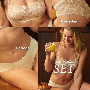 Mehrere Models tragen die bequemste Periodeunterwäsche auf dem deutschen Markt, welche nun auch als Set mit dem passenden Bralette in Soft Yellow erhältlich ist. 
