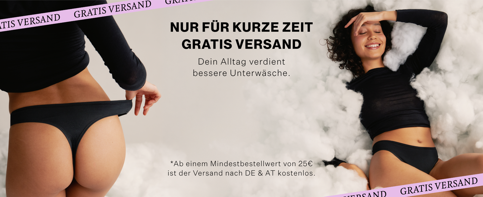 Modell trägt ooia Periodenunterwäsche:  String Comfy Cotton in Schwarz – Periodenunterwäsche im klassischen Design aus Baumwolle mit besonders dünnem Membransystem und starker Saugstärke.
Ansicht hinten und vorne. 
Nur für kurze Zeit: Gratis Versand