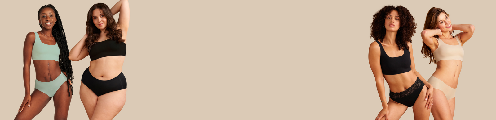 Vier unterschiedliche Models in verschiedenen ooia Periodenunterwäsche Styles - Hipster Seamless sage, Highwaist Seamless schwarz, Slip schwarz und Hipster Seamless beige.