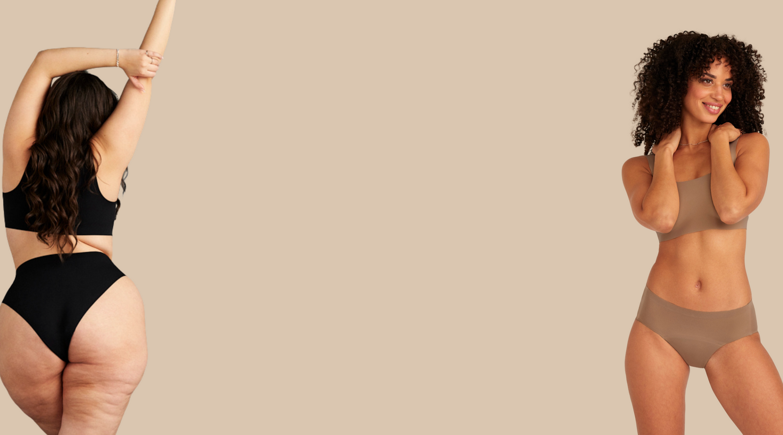 Drei unterschiedliche Models in verschiedenen nahtlosen ooia Periodenunterwäsche Styles - Highwaist Seamless Cheeky beige, Highwaist Seamless taupe & String Seamless dusky pink.