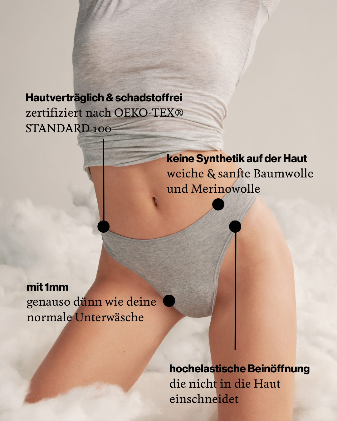 Modell trägt ooia Periodenunterwäsche String Comfy Cotton in grau aus Baumwolle. 
Infotext