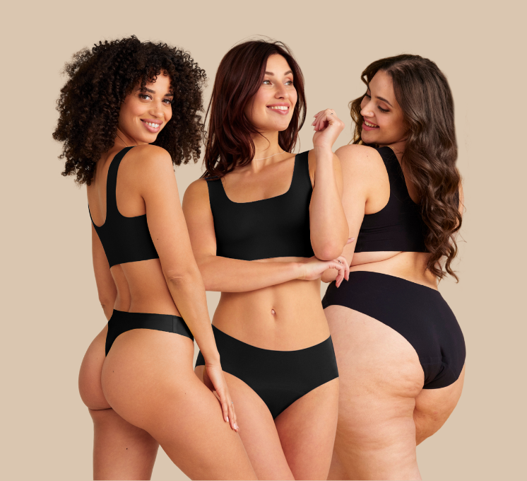 Drei Frauen in schwarzer seamless Periodenunterwäsche